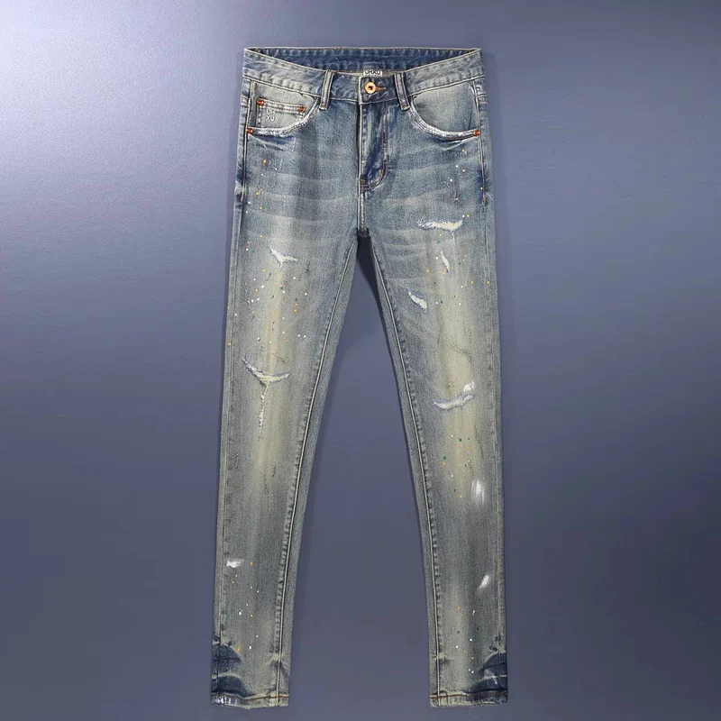

Y2K High Street Designer Fashion Men Jeans Retro Washed Blue Stretch Slim Fit Painted Ripped Jeans Men Band Vintage Denim Pants