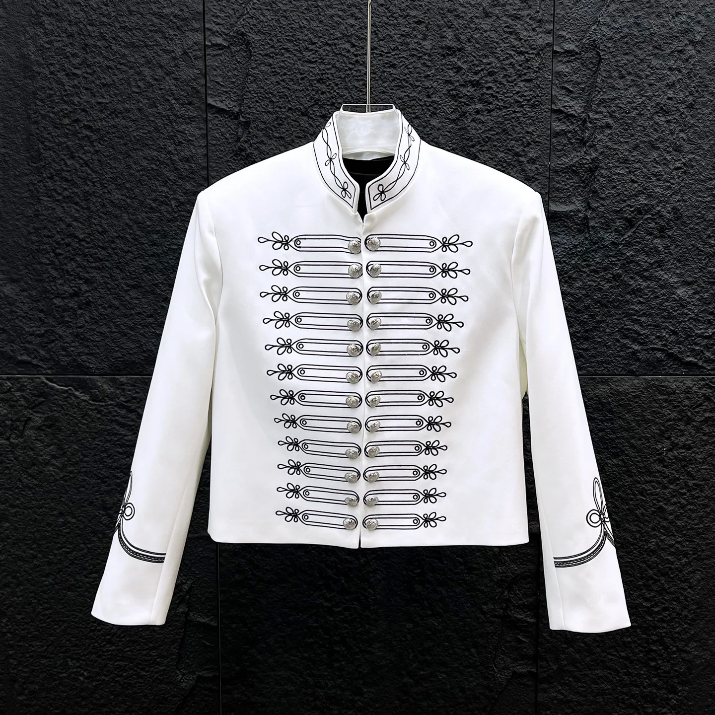 Mens Black Embroidered Jacket Stand Collar Metal Button Cropped Court Coat Designed for Autumn Events and Everyday Layering