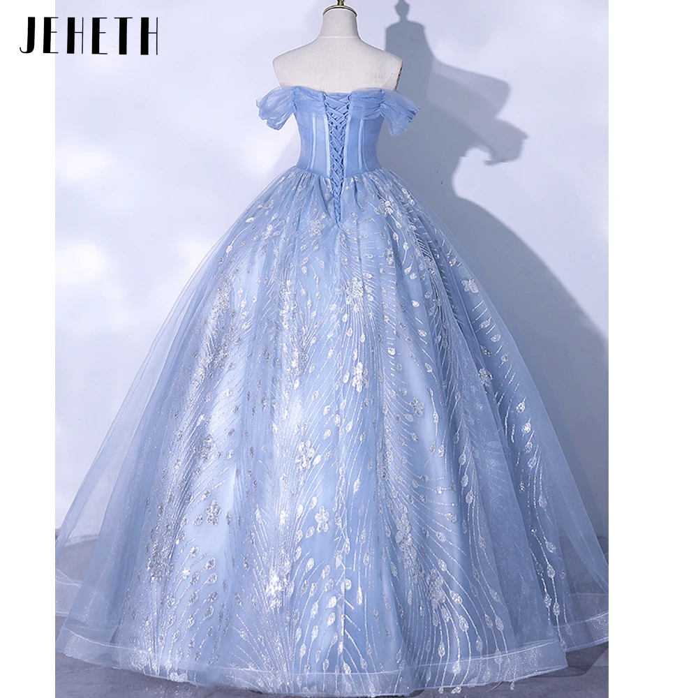 JEHETH Blue Off the Shoulder Prom Dress Lace Appliques Party Gown for Women vestidos de graduación Lace Up robes quinceanera