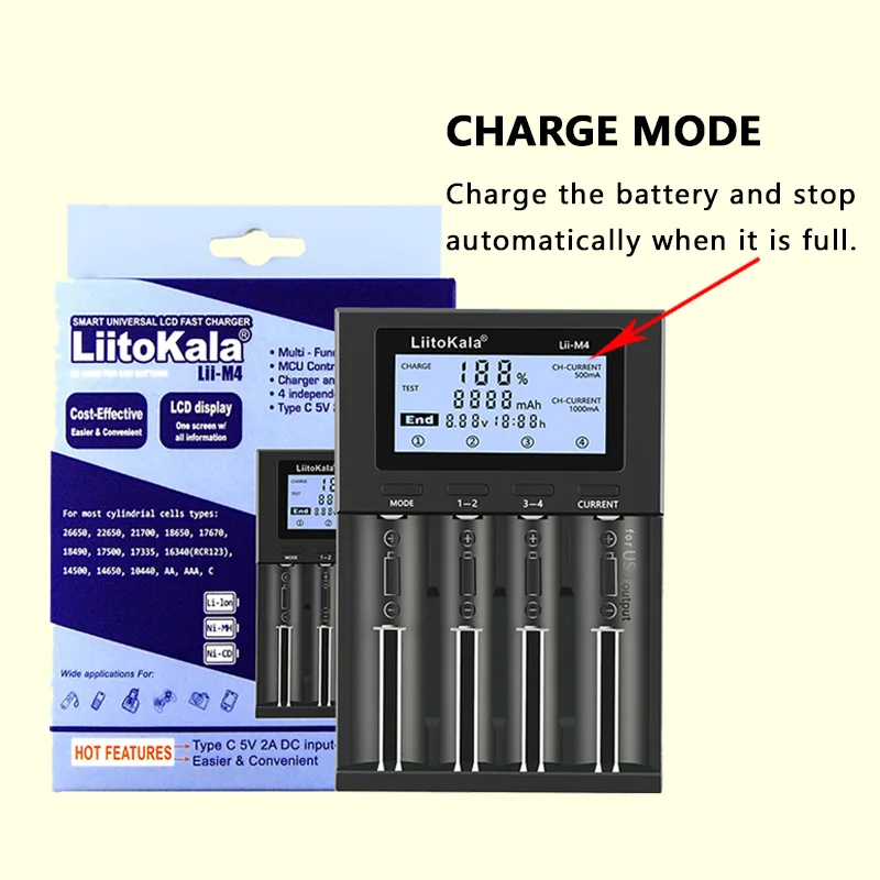 LiitoKala Lii-M4 18650 LCD Display Smart Charger kapasitas tes cocok untuk 3.7V 26650 18350 21700 18500 1.2V AA AAA 4 slot