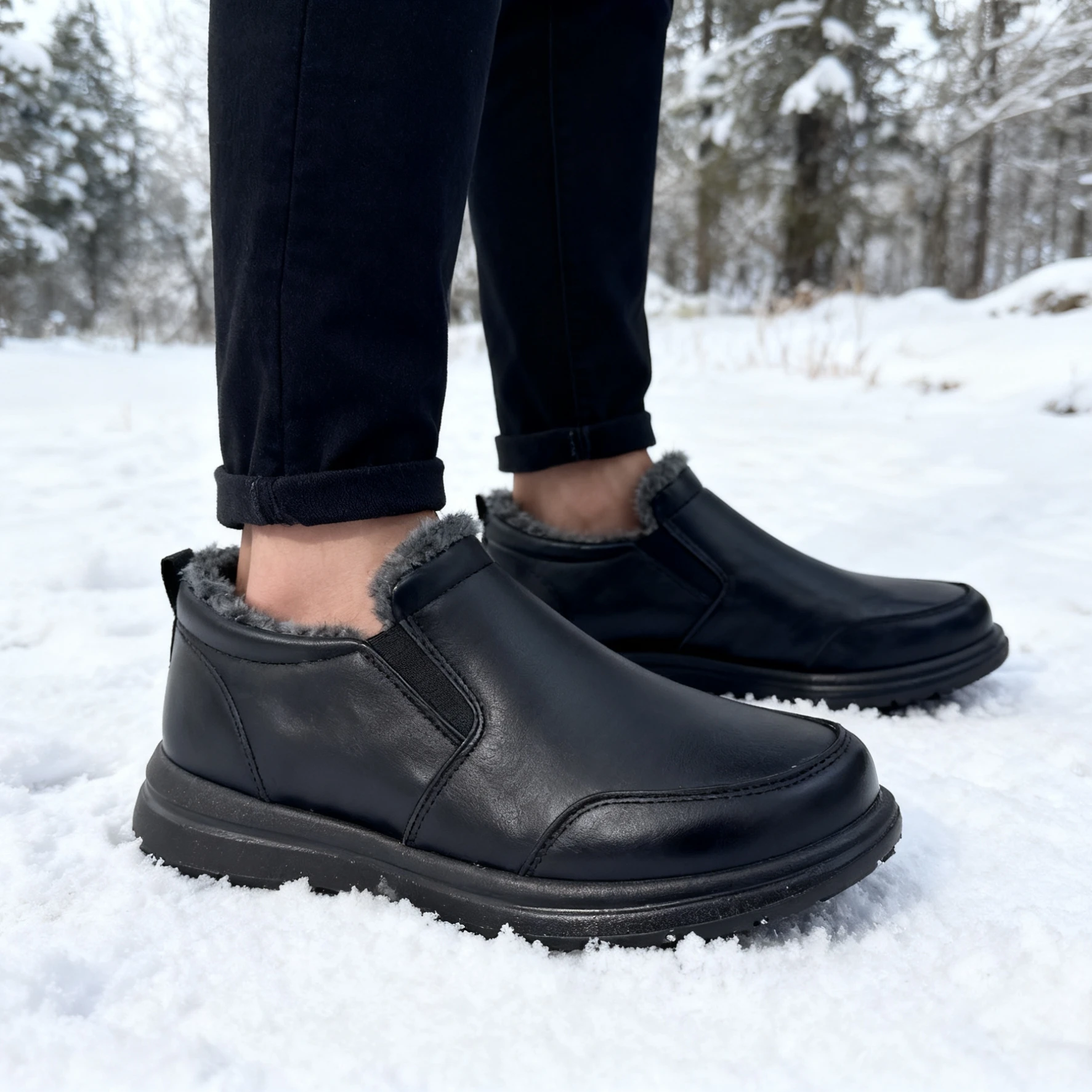 Men's Faux Fur Lined Winter Ankle Boots, Waterproof Slip-On Non-slip Snow Shoes, Warm Comfortable Outdoor Boots, Drop Shipping