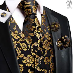 Hi-Tie Luxury Silk Mens Vests Black Gold Floral Jacquard Waistcoat Tie Hanky Cufflinks Brooch Set for Men Suit Wedding Office XL