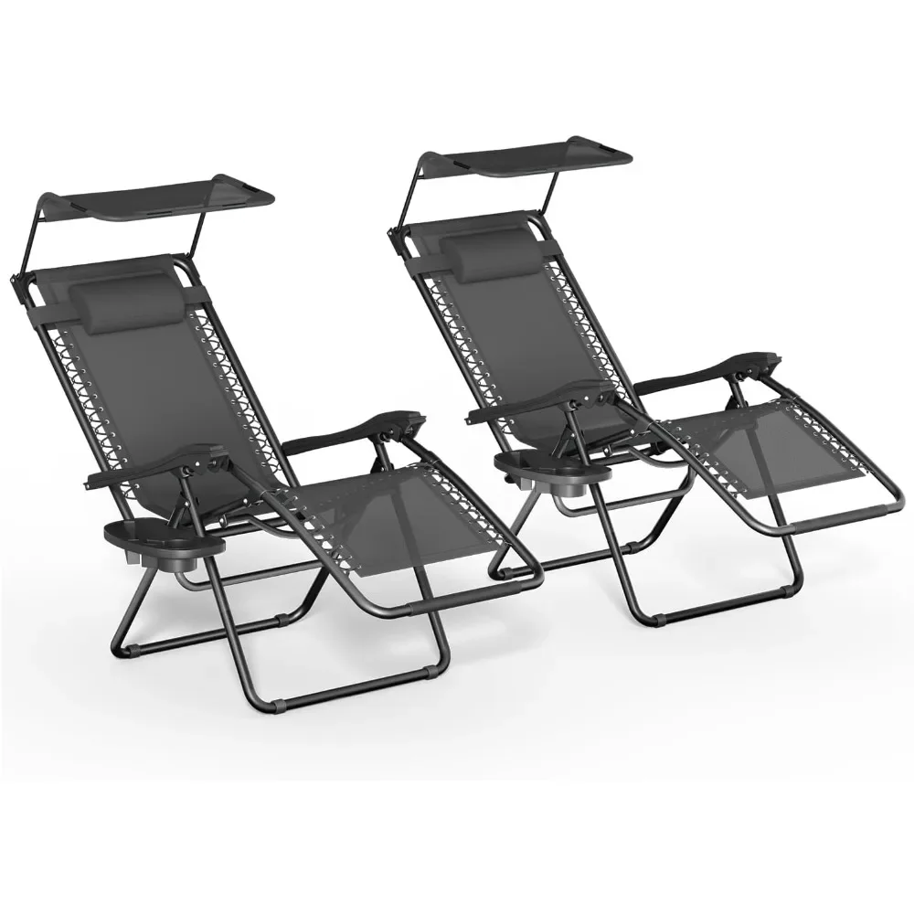 Set of 2 Outdoor Zero Gravity Chair Reclining Lounger with Sun Shade and Mesh Back, Cup Holder & Side Table,Support 300lbs,Black