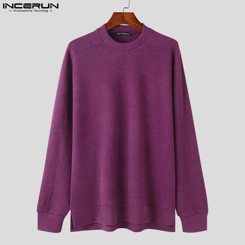 INCERUN Men Sweaters Solid Color Knitted O-neck Long Sleeve Streetwear Autumn Casual Pullovers 2024 Loose Fashion Men Clothing