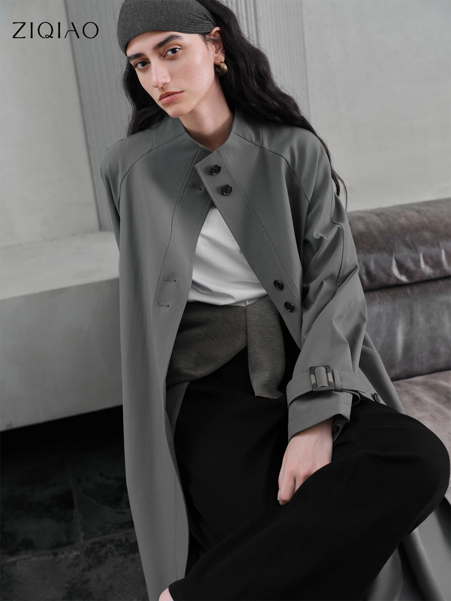 

ZIQIAO Retro Style Stand Collar Mid-length Trench Long Jacket For Women 2025 New Arrival Short Khaki Coat 25ZQ93151+25ZQ93052