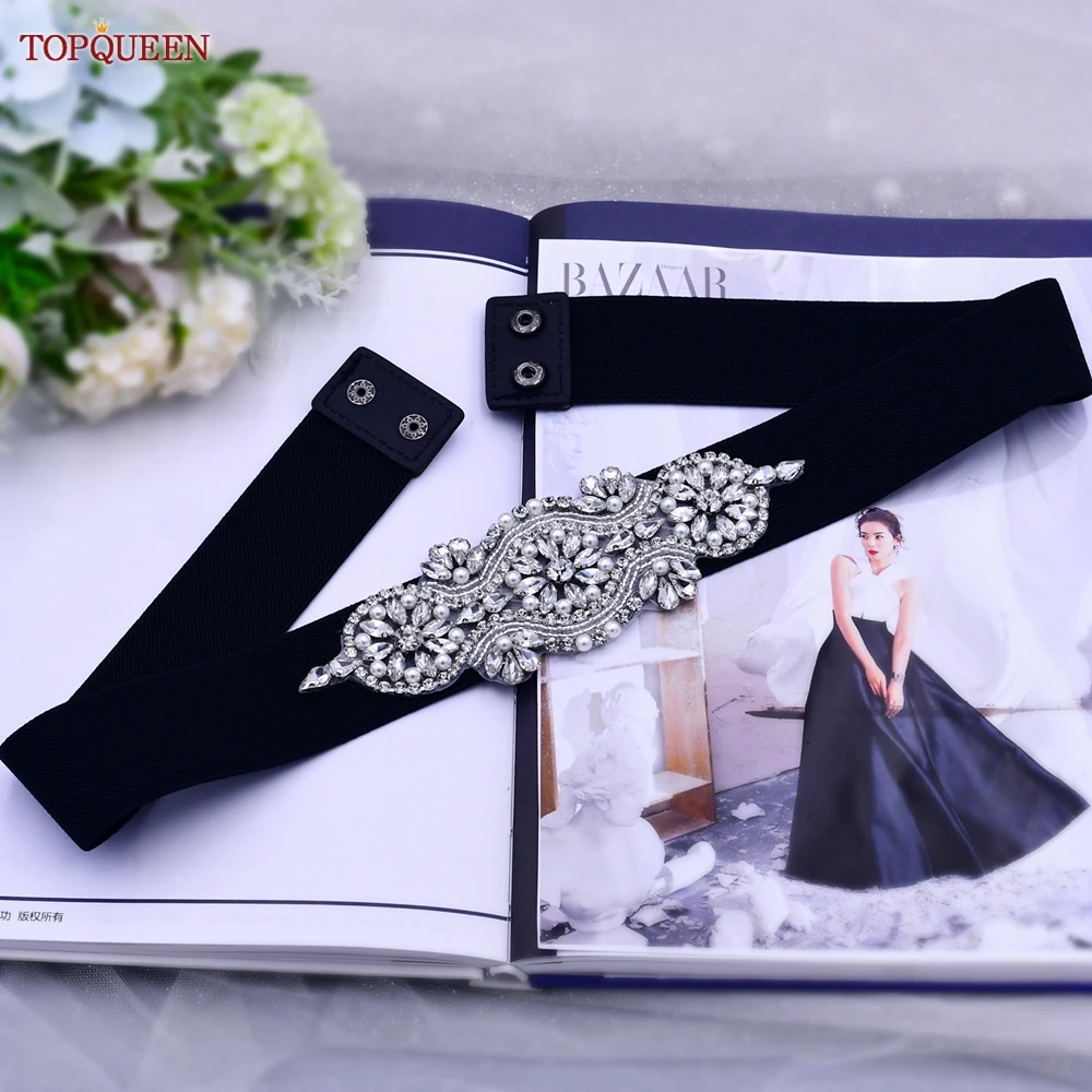 TOPQUEEN S05-B Fashion Women Black Elastic Belt All-match Rhinestones Pearls Female Party Dress Gown Daily Adult Waistband