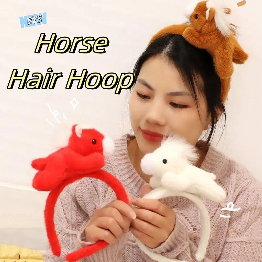 

Sweet Cartoon Horse Hair Hoop Pony Plush 2026 New Year Headband Mascot Solid Color New Year Headpiece Cosplay Supplies
