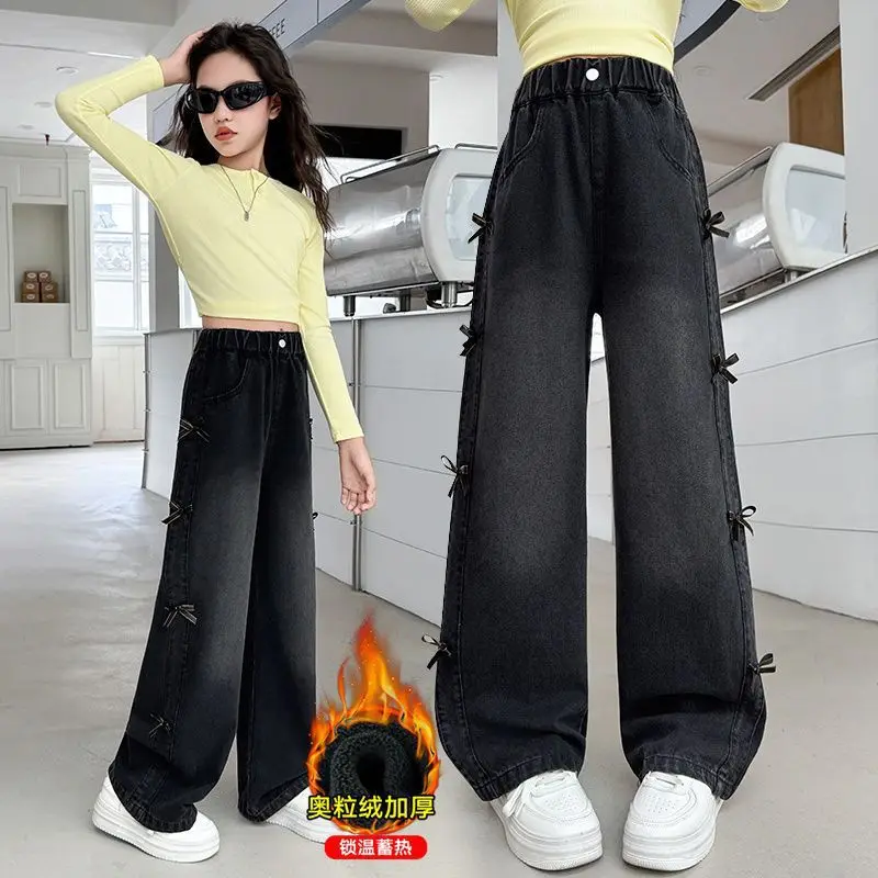 Elegant Children's Winter Loose Straight Thermal Jeans with Side Bow for Tweens Girl Fleece Lined Denim Pants Kids Trousers