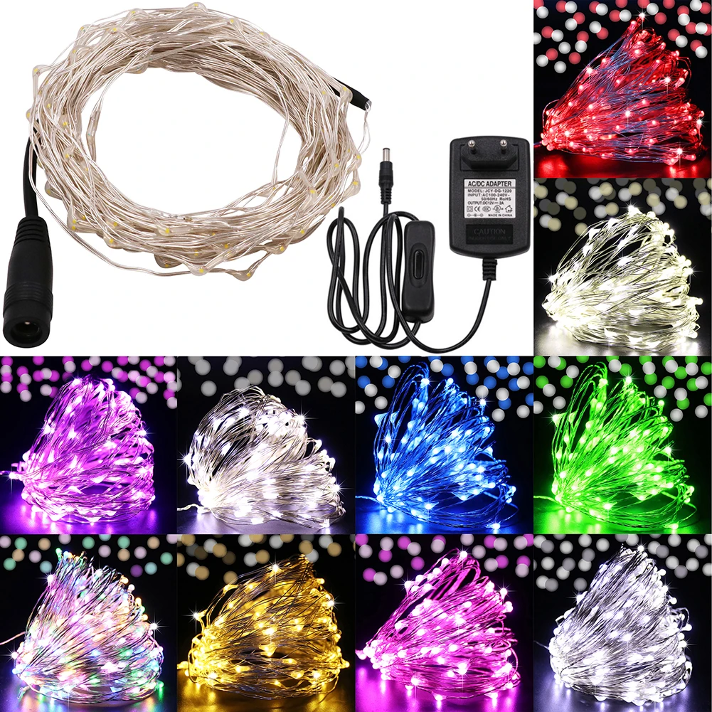 Led Fairy Lights Copper Wire String with EU Plug and Switch 10/20/30/50M 12V Lamp For Christmas Tree Wedding Party Decoration