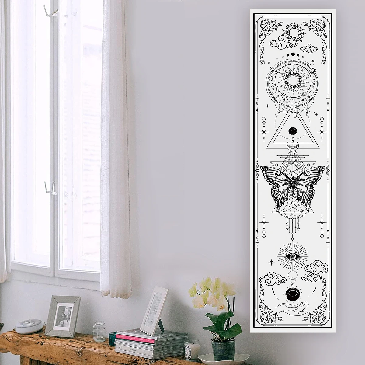 Gothic Witchy Sun & Moon Vertical Tapestry Black And White Butterfly Wall Hanging For Living Room, Bedroom Aesthetic Home Decor