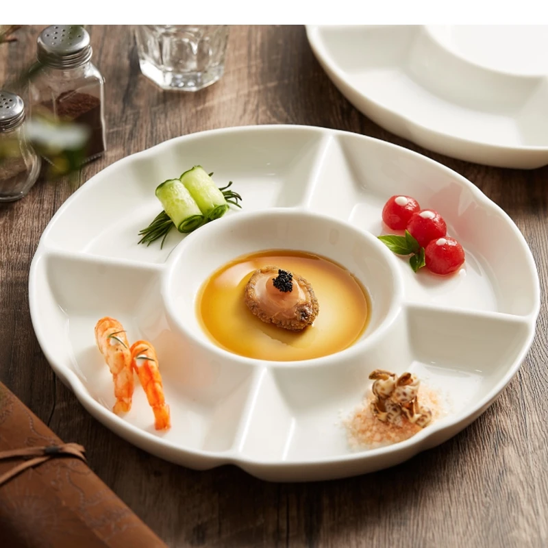 

Ceramic Snack Platter Round Five Grid Fruit Tray Sashimi Sushi Plate Kitchen Solid Color Tableware Dessert