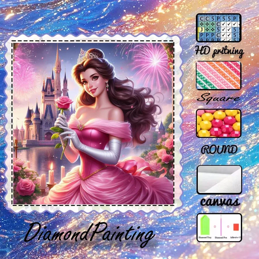 1 Stück - Potdemiel-5D-DIY - Beflockter Stoff - Spezialbohrer - Diamantmalerei-Set - Prinzessin, Schloss - Diamantkunst
