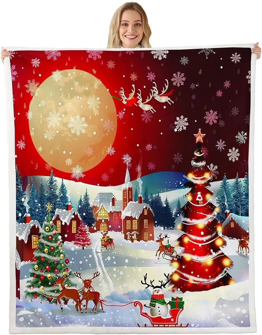Merry Christmas Throw Blanket ,Black Santa Claus Bed Blanket for Kids Child,Snowflake Snowman Deer Fleece Blanket Glitter Moon
