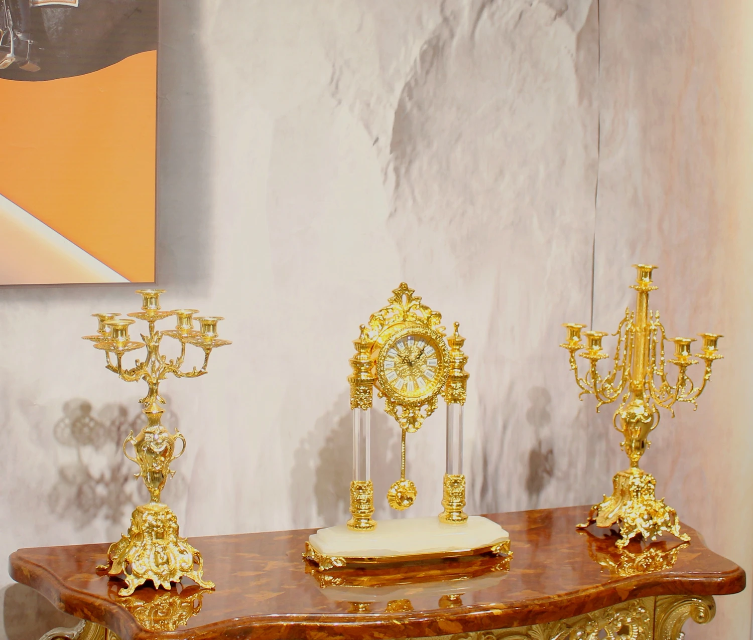 Royal Classic Reproduction Victorian Style Gold Plated Floral Candelabras with Angel Brass Table Clock