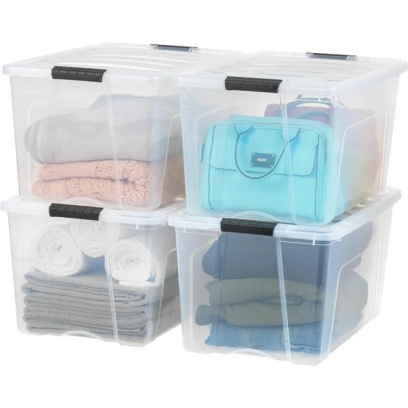 72 Quart Stackable Plastic Storage Bins with Lids and Latching Buckles, 4 Pack - Clear, Containers with Lids and Latches