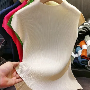 2023 스탠드업 카라 여성 플리츠 티셔츠, 심플한 단색 상의, 슬림핏 반팔, Miyake 티셔츠, 여름 신상