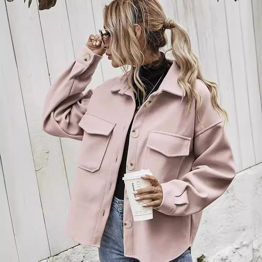 Women's Spring Lapel Single-breasted Thickened Solid Color Wool Loose Coat