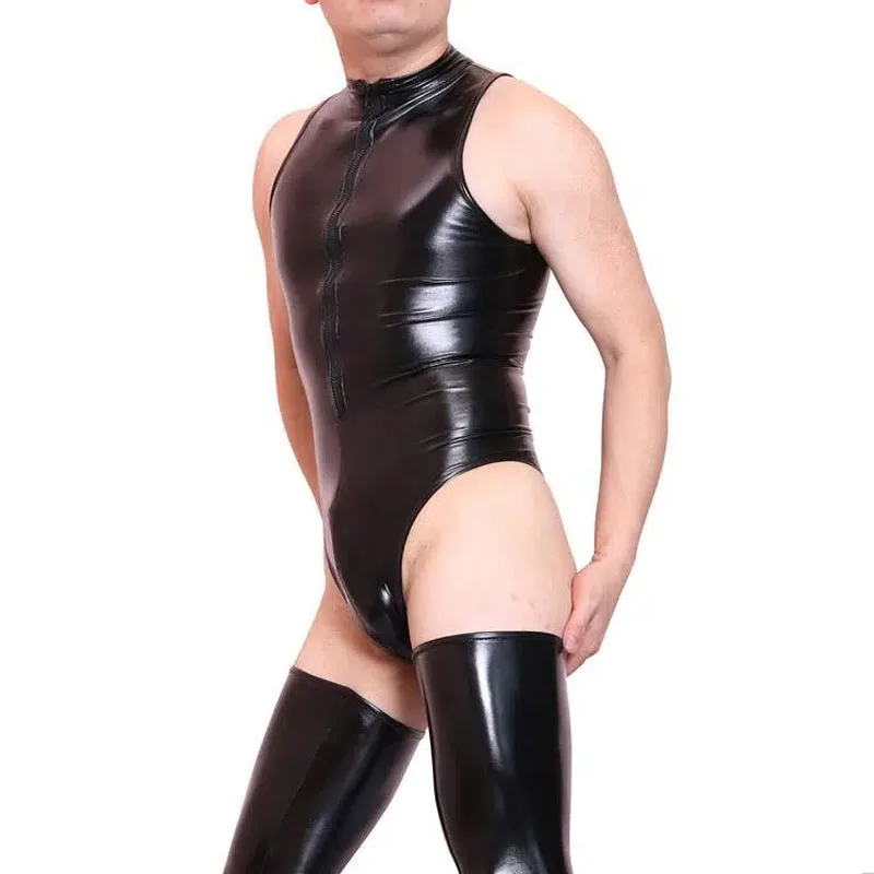 

Mens Turtleneck Sleevelss Straitjacket Tanktop Sexy PVC Sleeveless Bodybuiding Clothes Exotic Bodysuit Gothic Pole Dance Costume