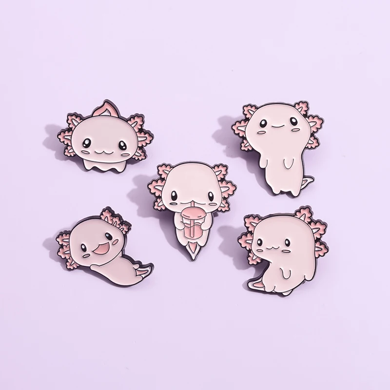 Cute Salamander Enamel Pins Cartoon Pink Hexagonal Dragon Brooches Backpack Clothes Lapel Badges Animal Jewelry Gift for Friends