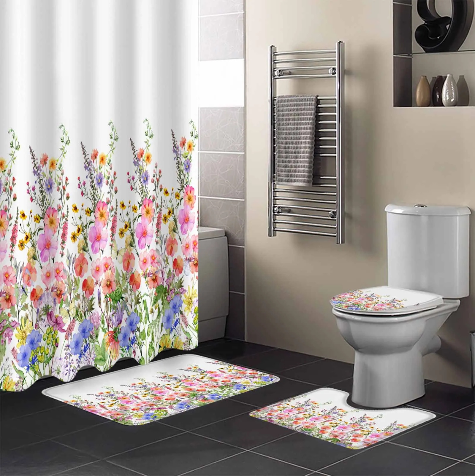 Flower Watercolor Hand Painted Shower Curtain Non-Slip Rugs Toilet Lid Cover and Bath Mat Bathroom Curtains with Hooks