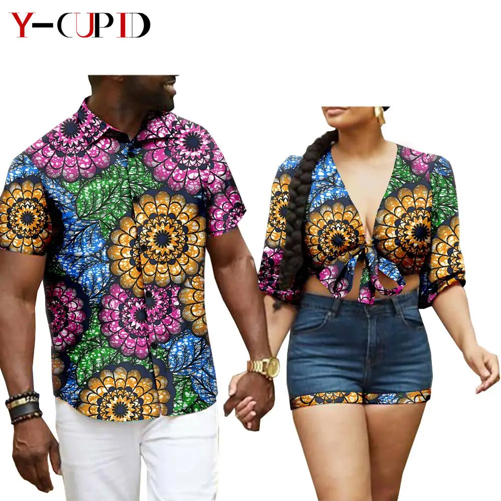 

African Clothes for Couples Sexy Women Ankara Print Crop Top and Cowboy Shorts Matching Outfits Men Shirts Lover Wear YS20C016