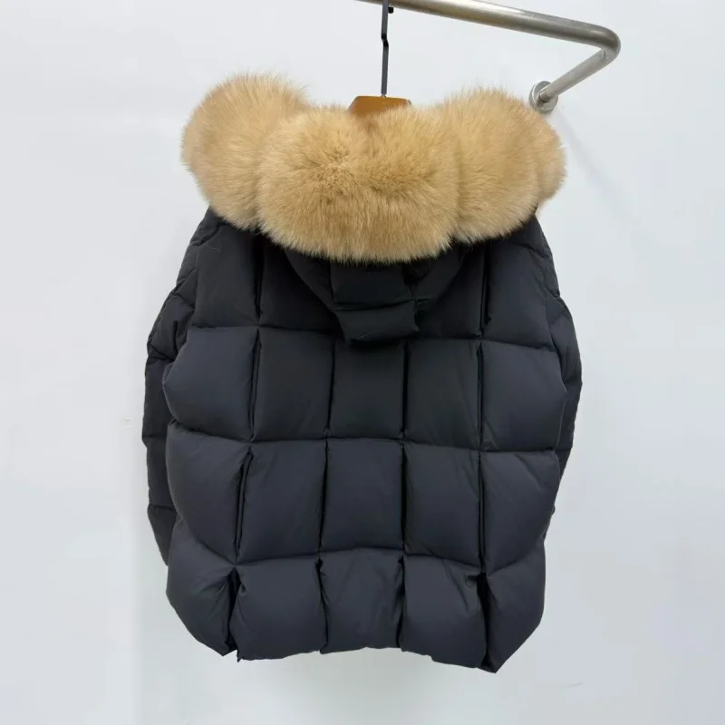 2025년 겨울 여성용 폭스 퍼 칼라 플러시 안감 두꺼운 따뜻한 구스 다운 재킷 Y2K 고품질 패션 하이 스트리트 후드 코트
