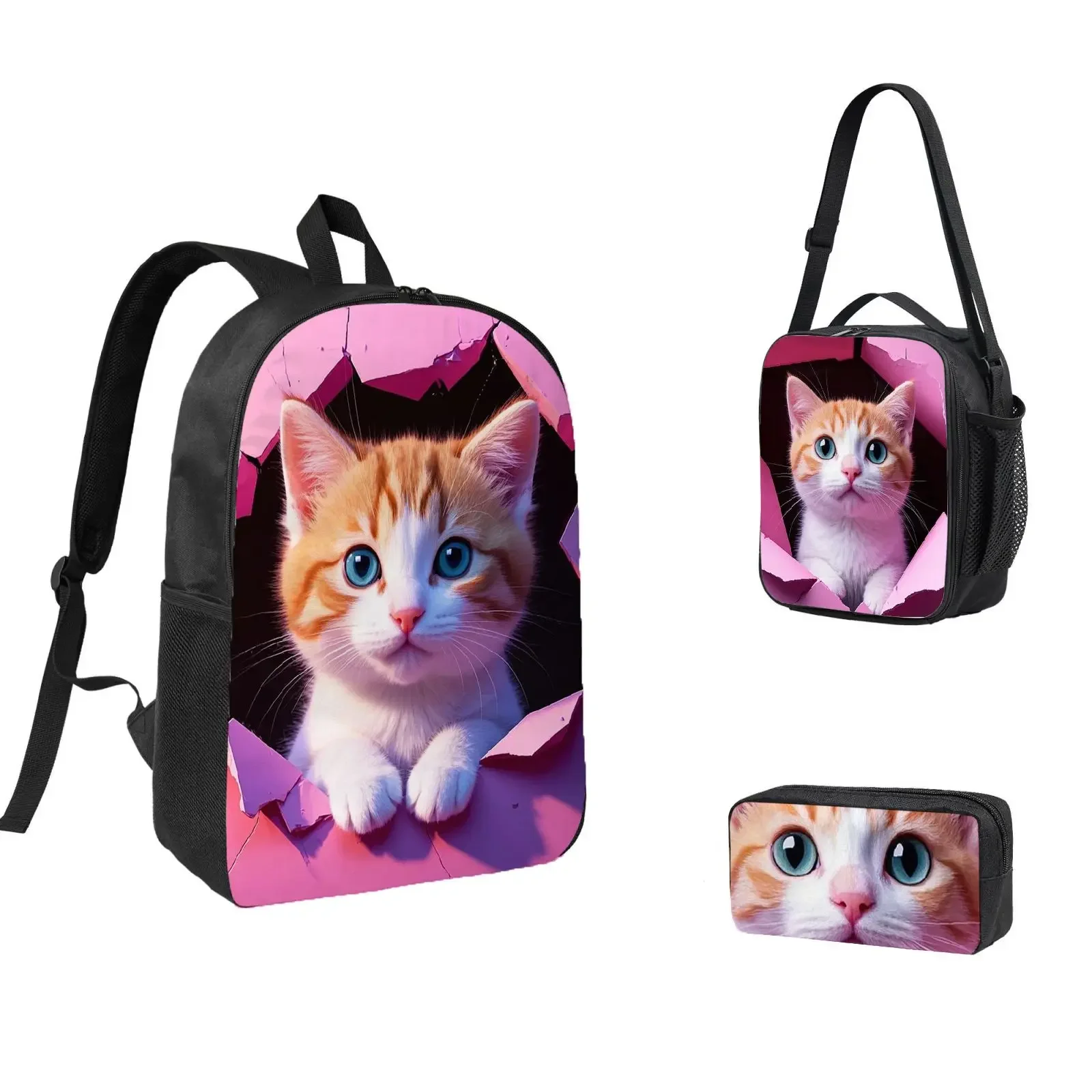 

Three-piece set backpack, pencil case, lunch bag, high quality, 2D print, large capacity, cat, cute, gift, for daily use