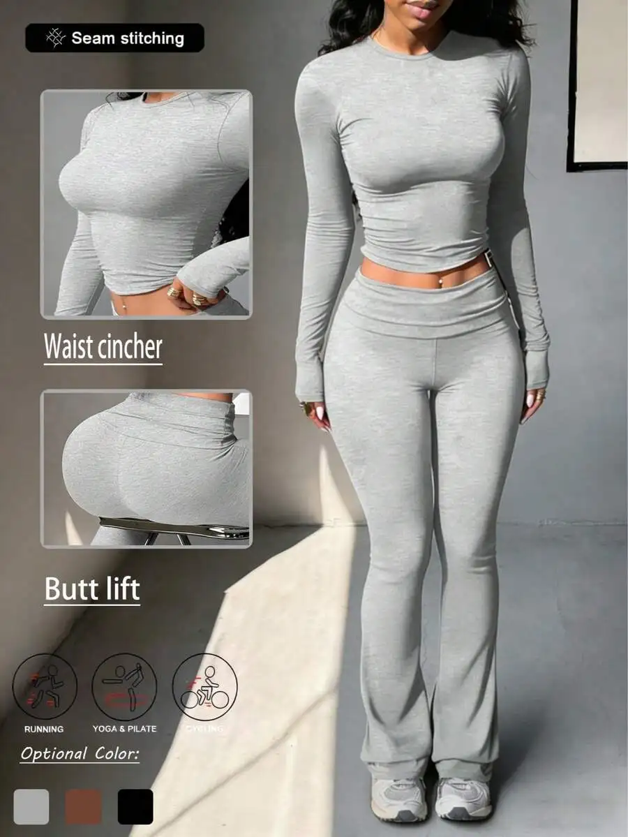 

Womens Butt Lift Activewear Set Long Sleeve Crop Top High Waist Flare Leggings Seamless Yoga Gym Wear