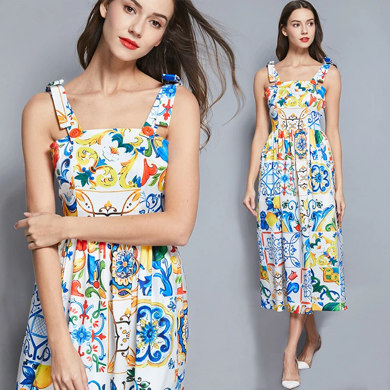 Real Shot Summer Yi Same Style Socialite Retro Court Blue and White Porcelain Printed Large Swing Sling Dress