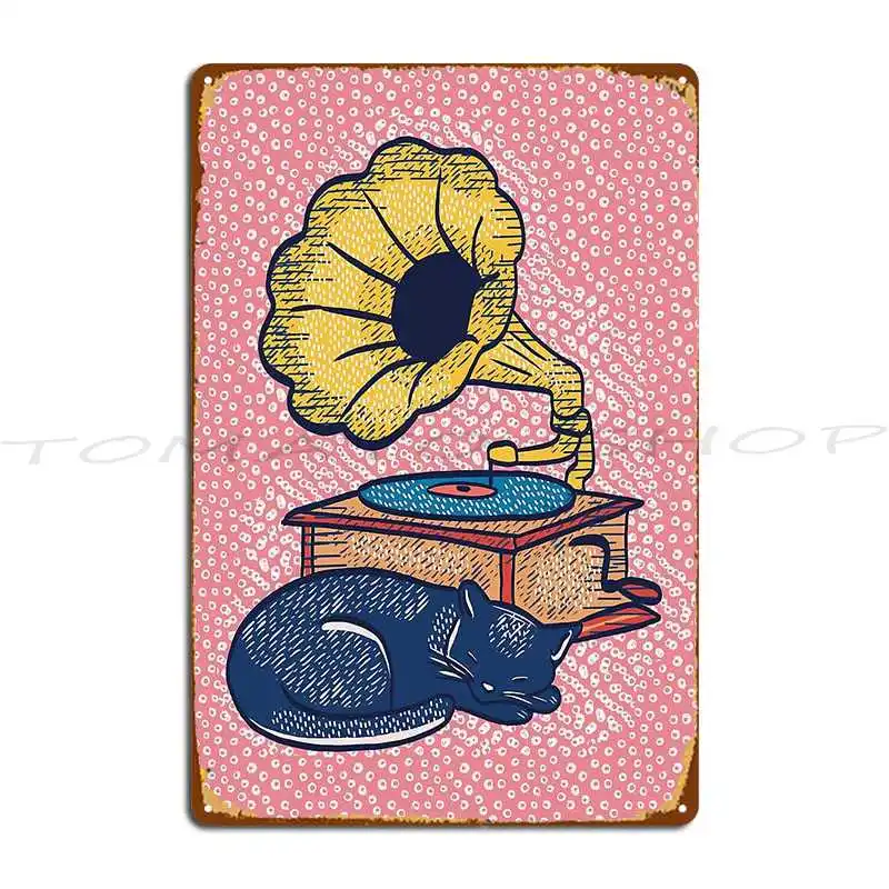 Vintage Gramophone And A Cat Metal Sign Retro Club Party Club Printing Tin Sign Poster