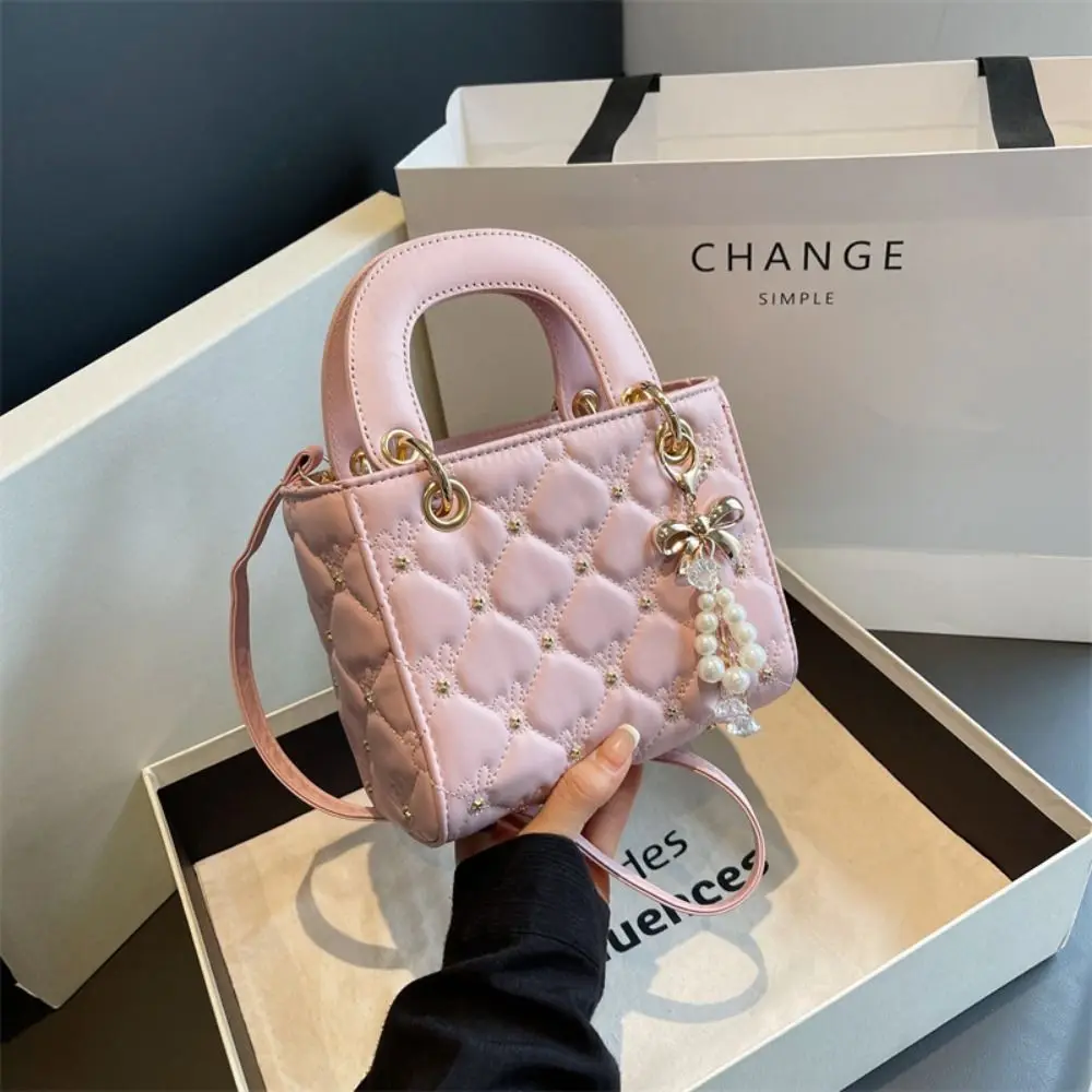 Fashion PU Shoulder Bag Argyle Pearl Tassel Crossbody Bag Simple Large Capacity Tote Bag Shopping Bags for Women Girls