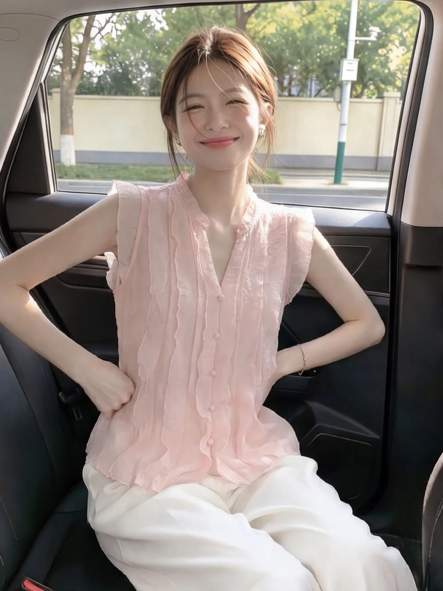 

Pink Sleeveless Ice Silk Cotton Linen Vest Women's Summer Short Single Wear Gentle Sweet Shirt Top Korean Style Straight Cut