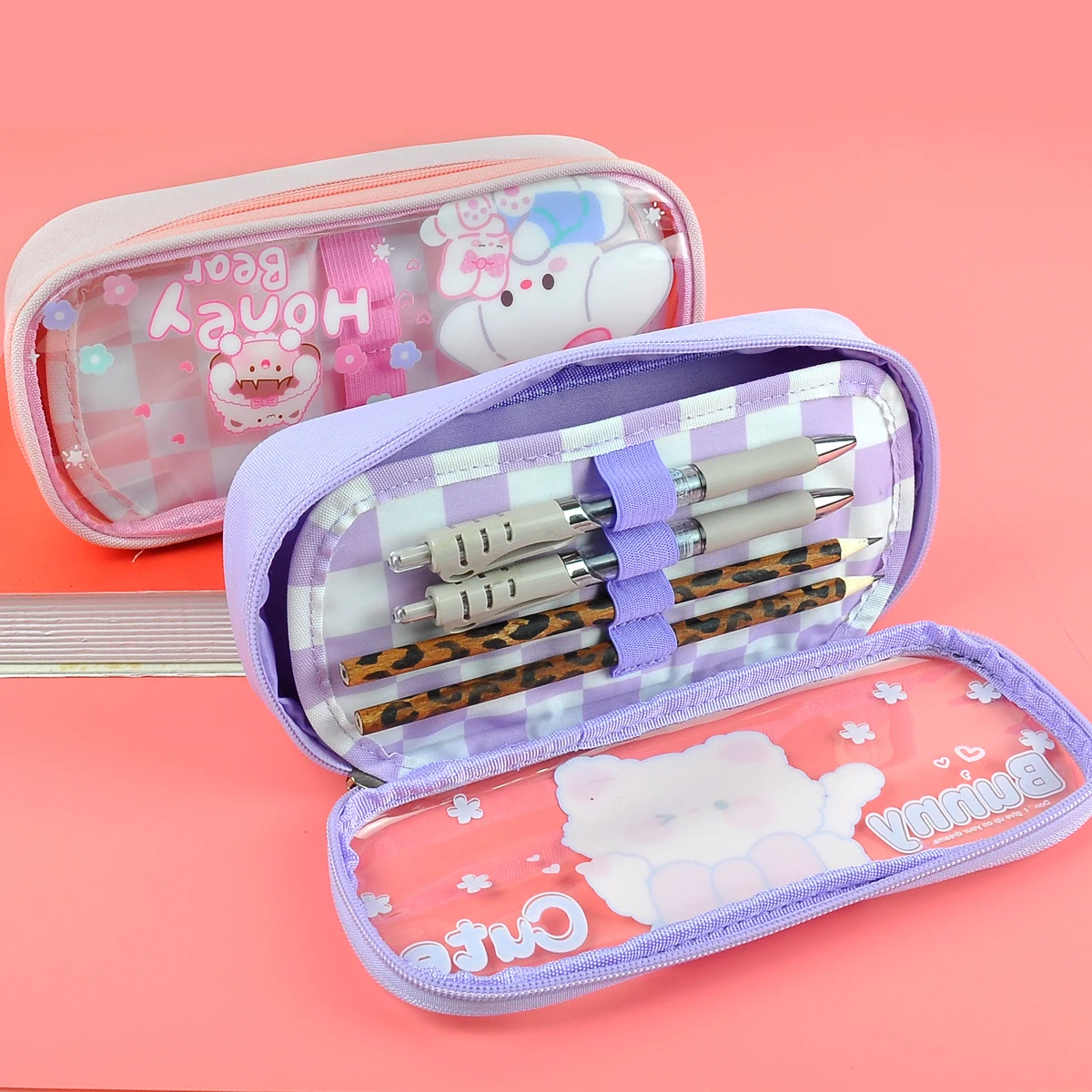 Kawaii Transparent Portable Pencil Case Multi-functional Multi-layer Pencil Box Storage Bag School Office Supplies Stationery