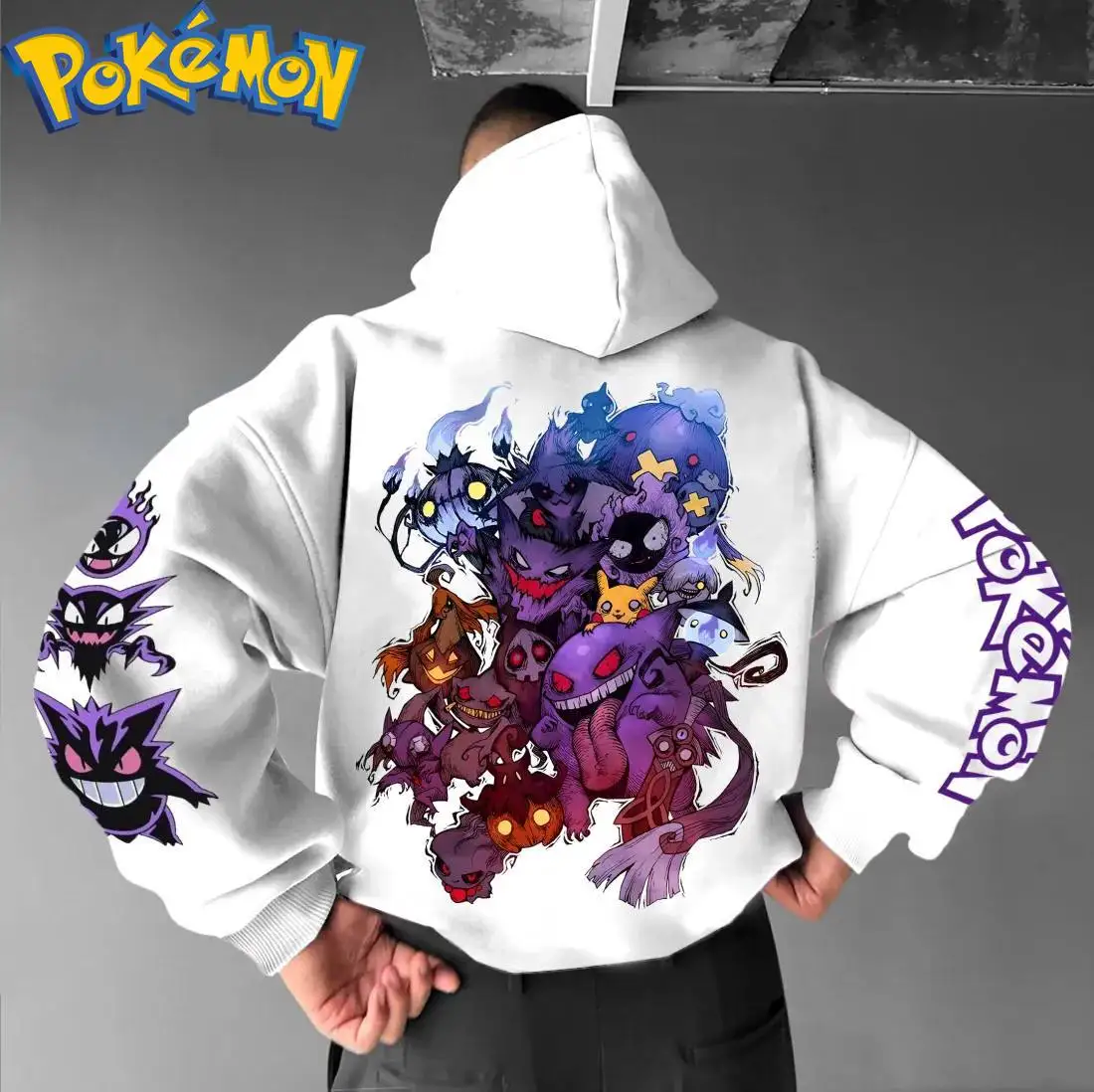 Pokemon Anime Gengar und Pikachu Baumwolle Hoodie Harajuku Hosen Set Multi Charakter Druck Zwei Stück Outfit Weiße Farbe Casual