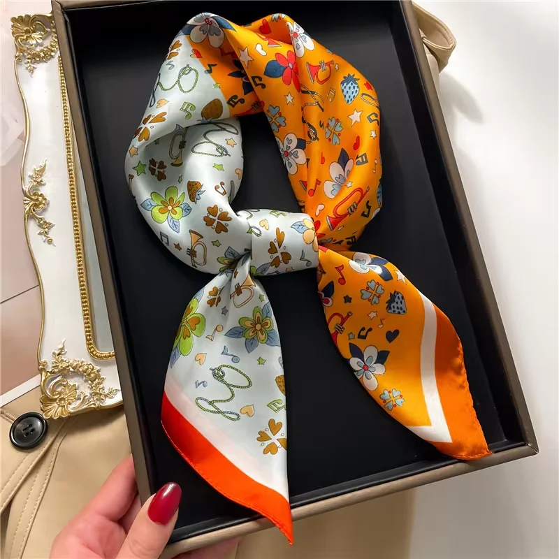 Women Scarf Luxury 2024 Floral Print Square Silk Hijab Hair Bands Neckerchief Fashion tieFemale Satin Shawl Ribbon Headband