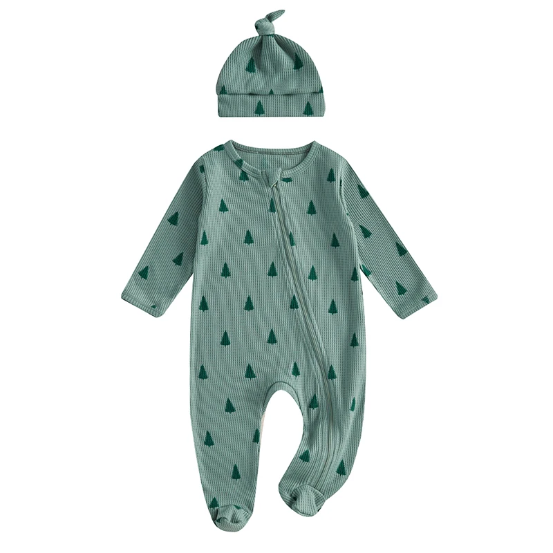 Baby Girl Boy Christmas Outfit Christmas Tree Print Long Sleeve Zip-Up Footed Romper Knot Hat 2 Piece Set