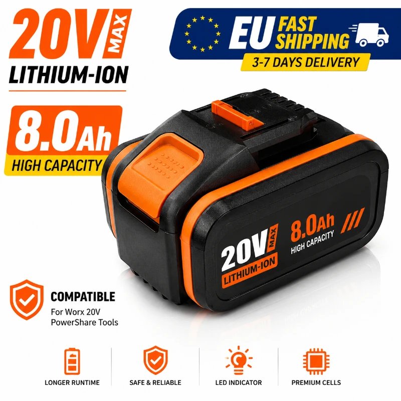 20V 8000mAh 8.0Ah Li-Ionen-Ersatzakku kompatibel mit Worx Elektrowerkzeugen WX390 WX176 WX166 WX372 WX800 WX678 WX550 WX532 WG894E WG629E WG329E Hochkapazitäts-Akku mit langer Laufzeit,
