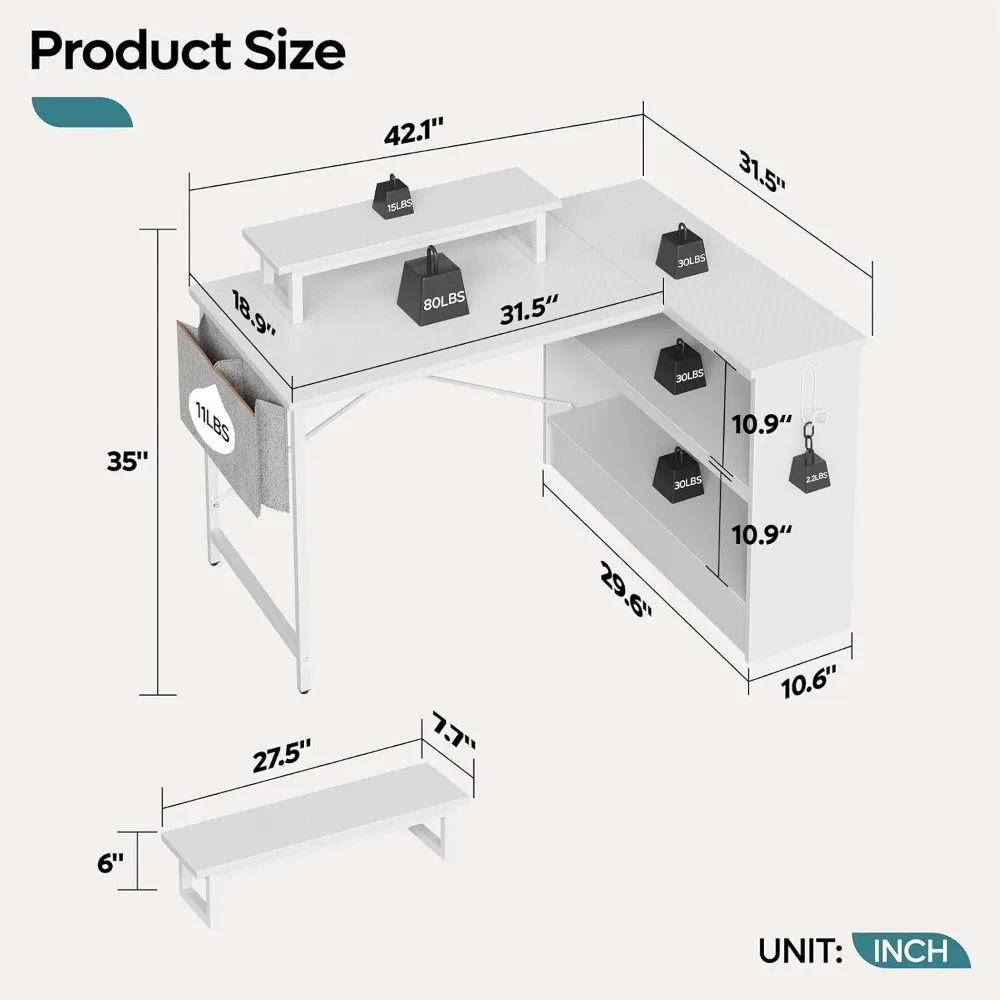 L Shaped Gaming Desk with LED Lights, 42 Inch Computer Desk with Monitor Stand & Open Storage Cabinet,Writing Study Corner Desk