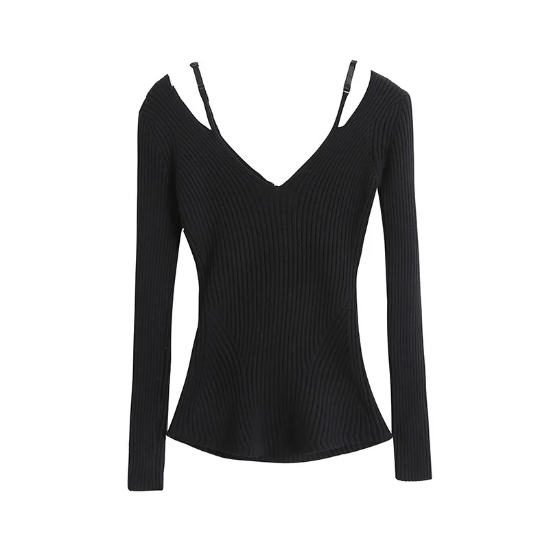 Kpop Korean 2023 New Spring Summer Sexy Sling Sweater Woman V-Neck Pullover Hollow Knitted Tops Female Casual Fake Two Sweaters