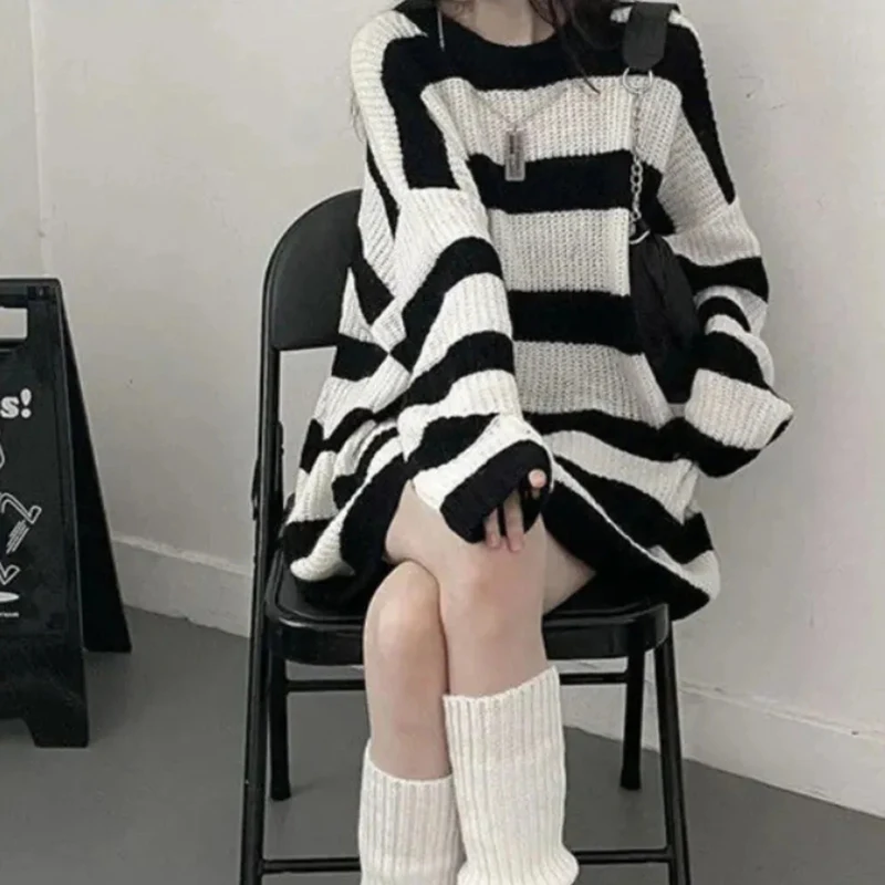 Sweaters Stripes Knitted Women Vintage Harajuku Loose Jumper Pullover Autumn Winter Streetwear Casual Long Sleeve Straight Top