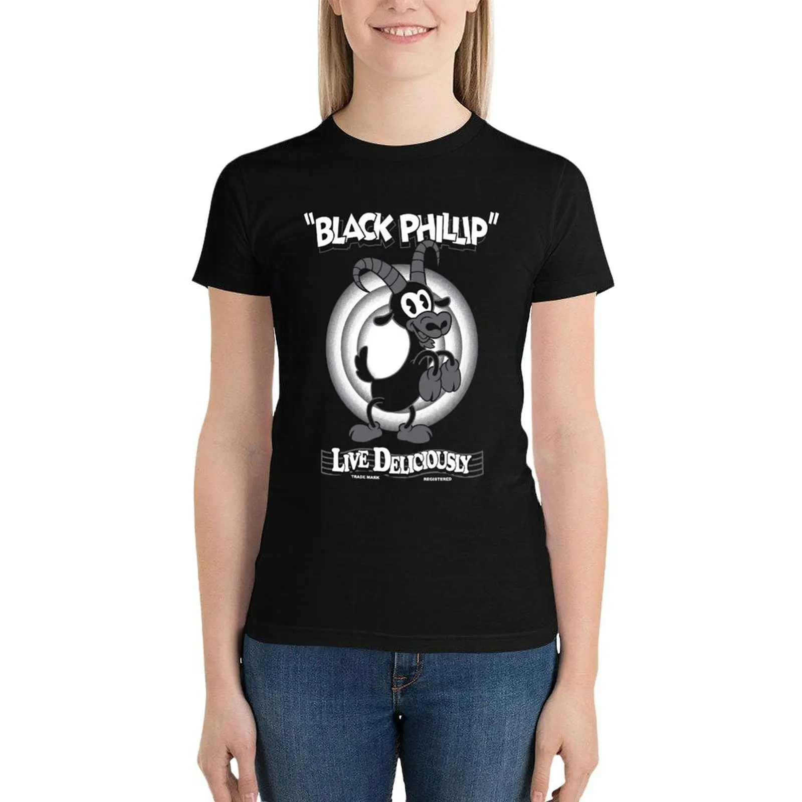 

Black Phillip - Vintage Cartoon - Witch - Goth Occult Live Deliciously T-Shirt summer top tops t-shirts for Women pack
