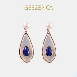 GEEZENCA Natural Lapis Lazuli White Pearl Shell Oval 925 Silver Earrings For Women Fashion Simple Dangle Earring 2022 New Trend
