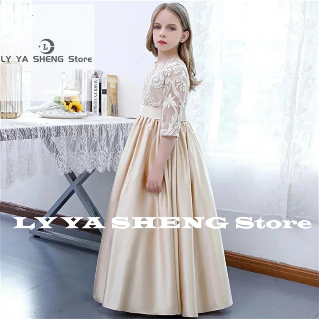 Champagne Flower Girl Dresses Elegant Satin Appliques With Zipper Half Sleeve For Wedding Birthday Party Banquet Gowns