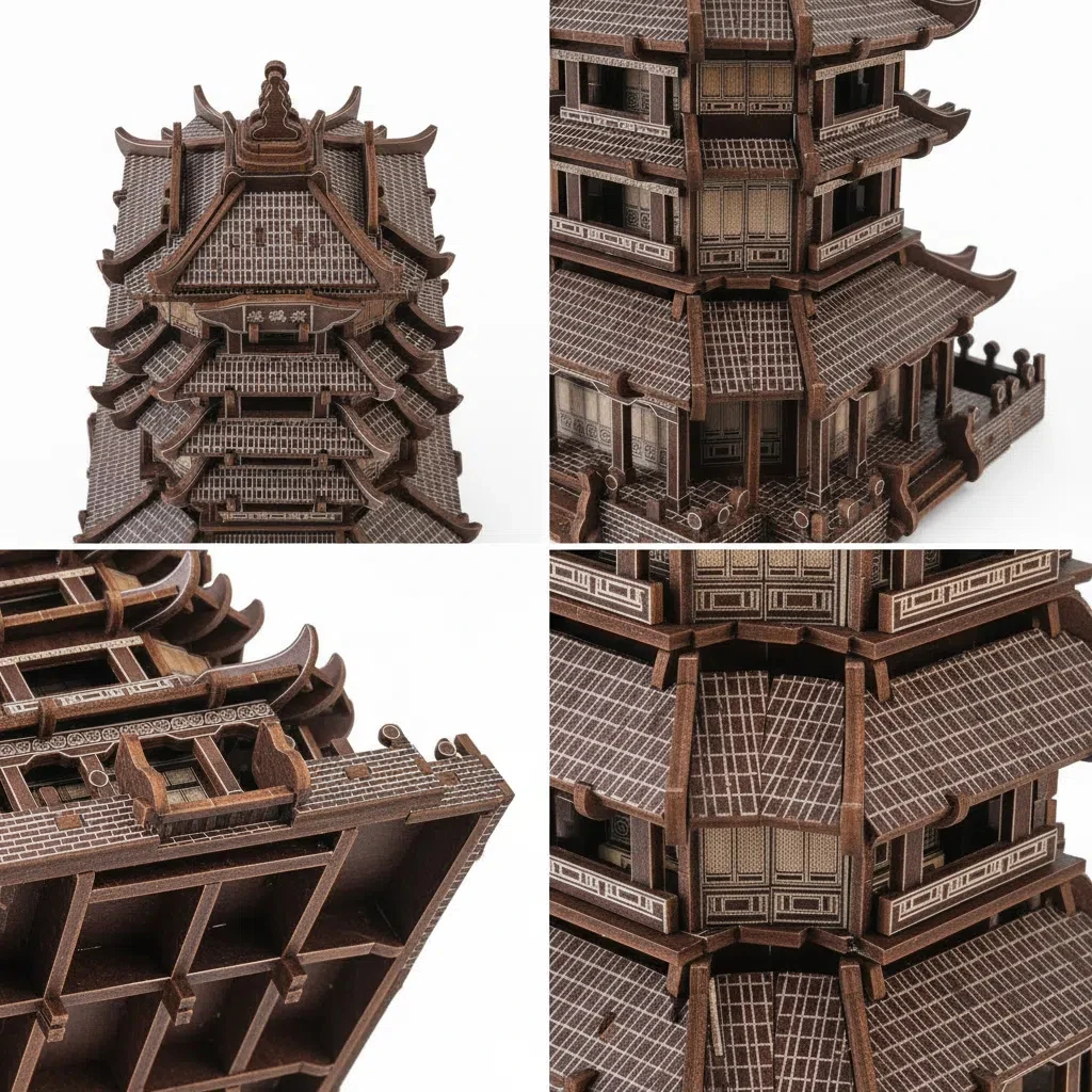 OUZEY 고대 중국 탑 3D 퍼즐 - 목재 건축 모형 조립 키트, 성인 및 청소년용 레이저 컷 DIY 프로젝트 (14세 이상)