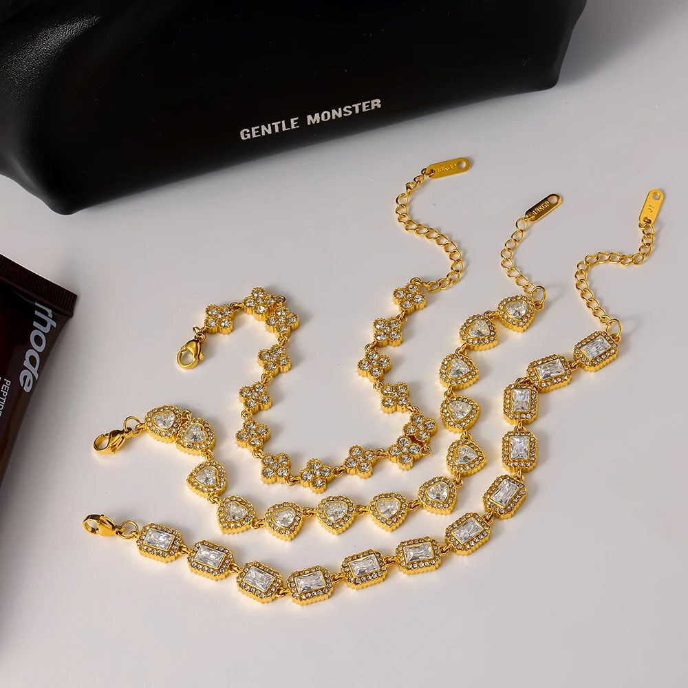 Sparkling Oval Zirconia Tennis Chain Bracelet 18K Gold Plated Stainless Steel Exquisite Dainty Chain Jewelry for Women Gift