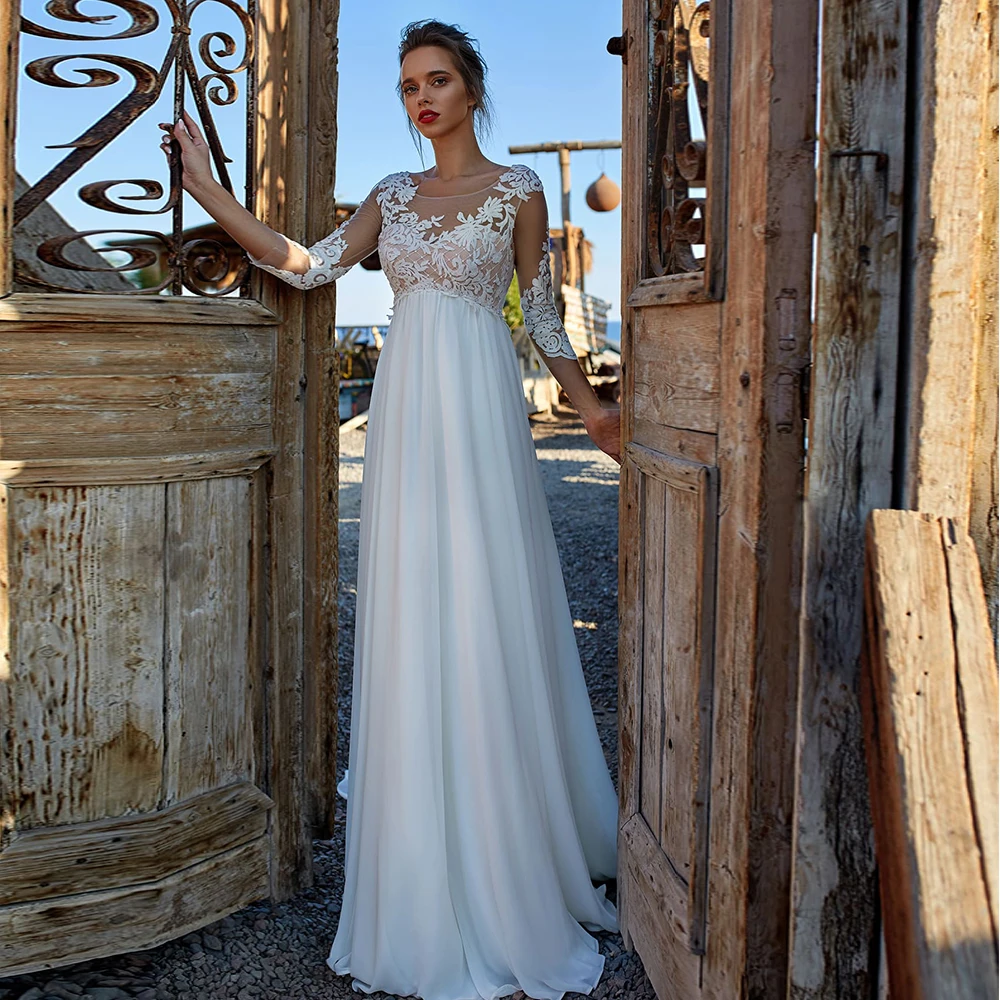 

O-Neck Boho Chiffon Wedding Dress Three Quarter Applique Illusion Tulle Bohemia Bride Beach Seaside Floor Length Button Gown