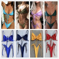 2023 Women's Ultra Thin Elastic Thong Bikini Set Side Tie Sexy Solid Color Swimsuit Bandage Style Brazilian Swimwear Suits