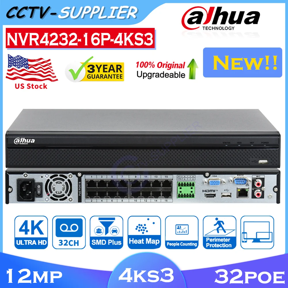 

Dahua NVR4232-16P-4KS3 32Channels 4-Series 2-Bay 1U 2HDD 4K 16-PoE NVR AI-By Recorder HDMI VGA Network Video Recorder