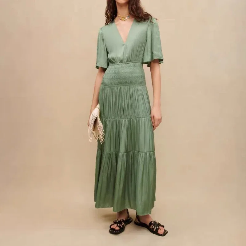 

2024 Summer New Arrivals Top Quality Women Fashion Vintage Green Solid Folds V-neck Mid-calf Dresses for Daily