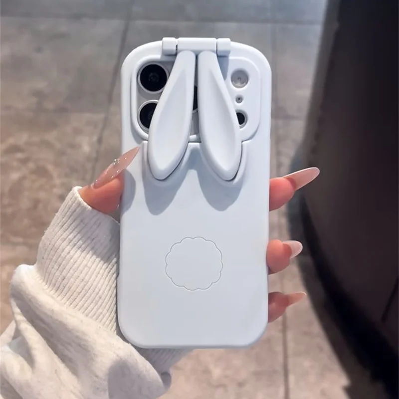 Phone Case For iPhone 17 16 15 14 Pro Max New Korean INS Cartoon Cute 3D Folding Rabbit Ears Shape Pink Blue Protective Cover